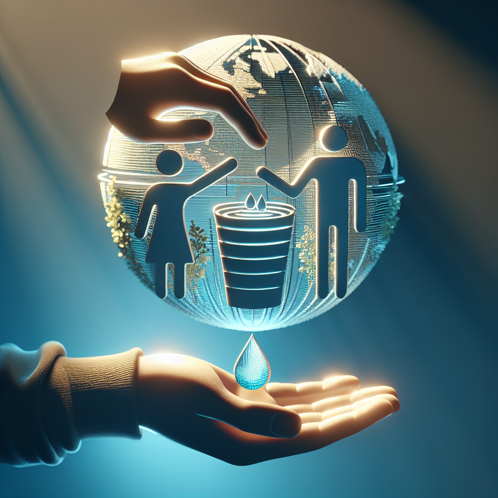 Create a high-quality, photorealistic image with natural lighting and soft shadows. In the image, represent the concept of an anonymous family foundation devoted to supporting those affected by water-related health issues. This should be conveyed through symbols such as a compassionate human figure extending a helping hand towards affected individuals, and objects symbolizing safe, clean water. The foundation should be depicted as prestigious and exclusive. Use cool colors to convey a soothing and compassionate atmosphere.