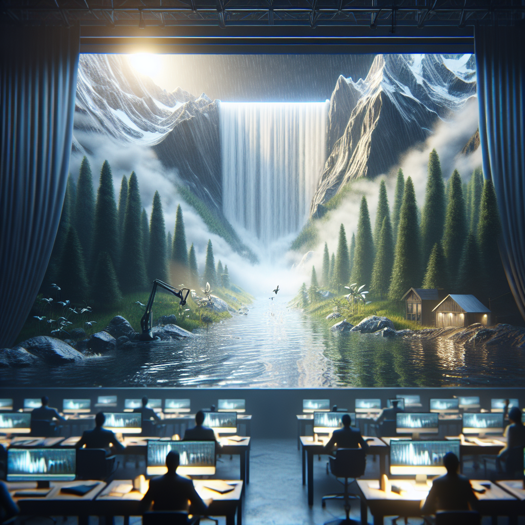 Create a photorealistic image depicting a scene related to ALS Toxic Tort Precedent. The image should include a visual representation of stunning water impact; perhaps water causing environmental change or harm. Use a setting that allows natural lighting and soft shadows to enhance the depth and drama of the scene, while reflecting the serious theme of this environmental issue.