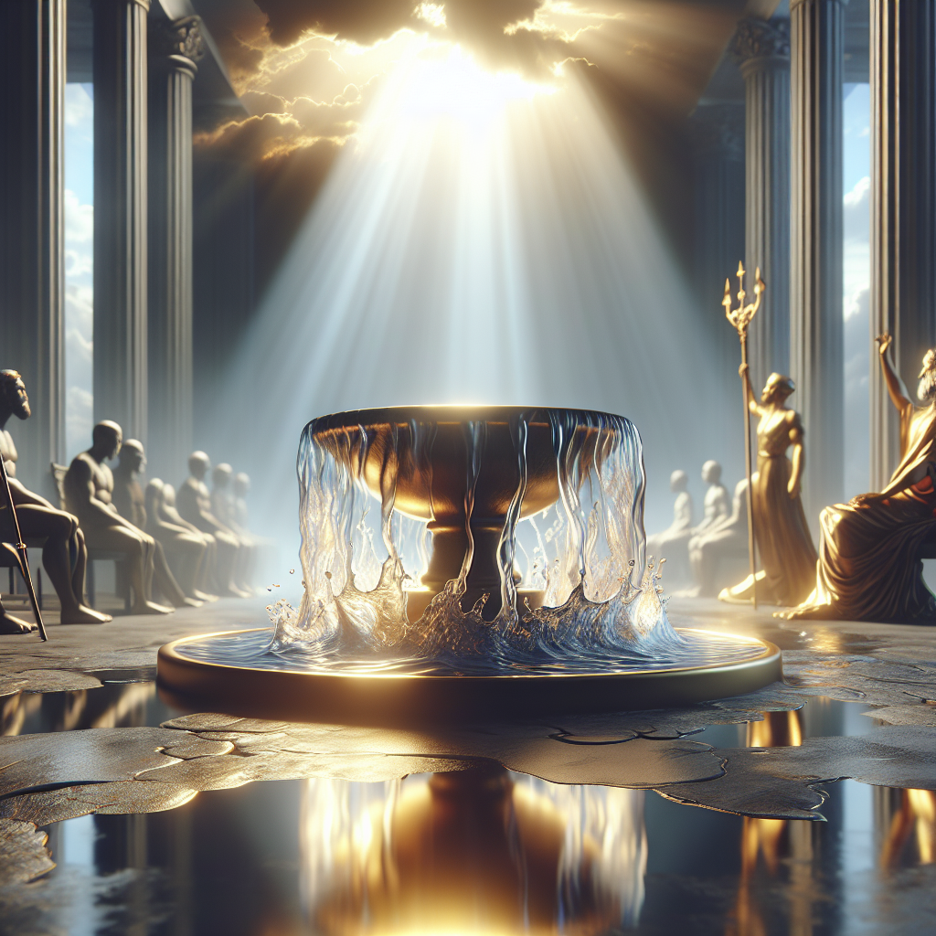 Create a high-quality, photorealistic image bathed in natural lighting, which uses soft shadows. The theme is the end of a tumultuous era, symbolized by water coming to a rest. This should reflect a stunning triumph for justice related to ALS (Amyotrophic lateral sclerosis).