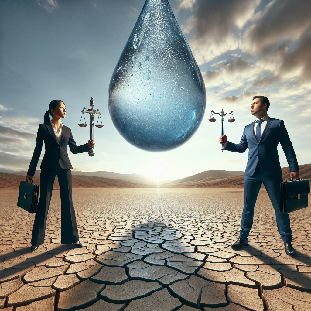 A visual representation of ALS Litigation Attorneys engaging in a metaphorical battle against 'Real Water'. Picture this as a female South Asian attorney and a male Hispanic attorney, both in sharp suits, standing determinedly on a parched, cracked desert terrain. In the sky above, representative of their opponent, hangs a formidable, crystalline droplet of water. The droplet is ]massive, casting a shimmering shadow below. The attorneys appear resolute, armed with legal documents and glistening pens, a symbol of their authority and legal prowess. The image should convey an intense struggle, implying an ongoing fight for justice. Natural lighting and soft shadows are key to the dramatic effect of the scene.