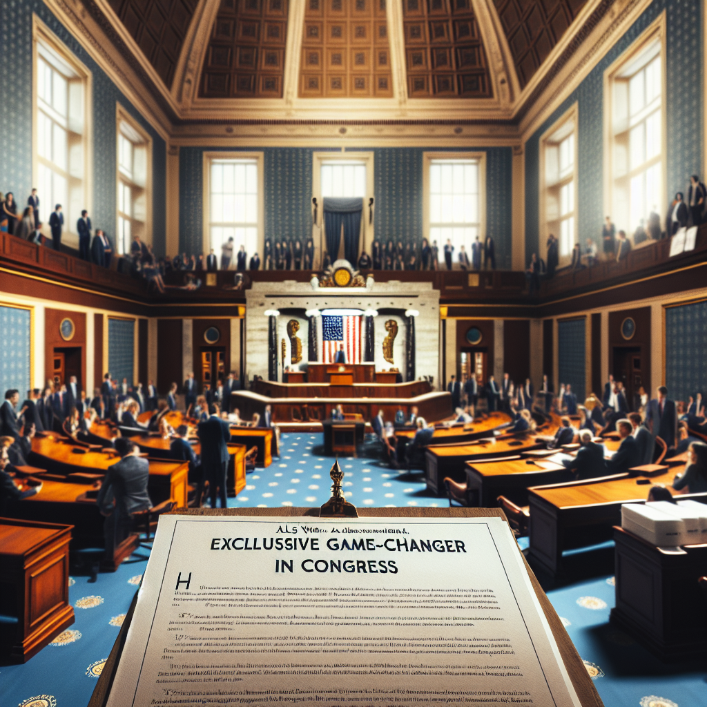An impressive scene inside an ornate legislative chamber. The room has large windows through which natural light filters in, casting soft shadows. In the middle of the space, a printed bill about ALS Water Safety is prominently displayed on a large, old wooden desk. The header on the document states 'Exclusive Game-Changer in Congress'. People around the room are engaging in earnest discussions, with a diverse group of people of different genders and descents including Middle-Eastern, South Asian, Caucasian, Hispanic, and Black. The feeling in the room is one of anticipation and change, illustrating the emergent power of this new law.