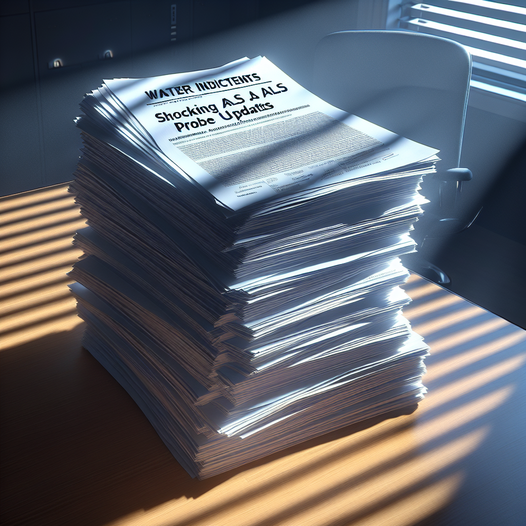 Create a photorealistic image that depicts a pile of real water indictments stacked on an office desk, bathed in natural lighting casting soft shadows. On top of the stack, place a document labeled 'Shocking ALS Probe Updates'. The scene conveys a sense of urgency and seriousness.