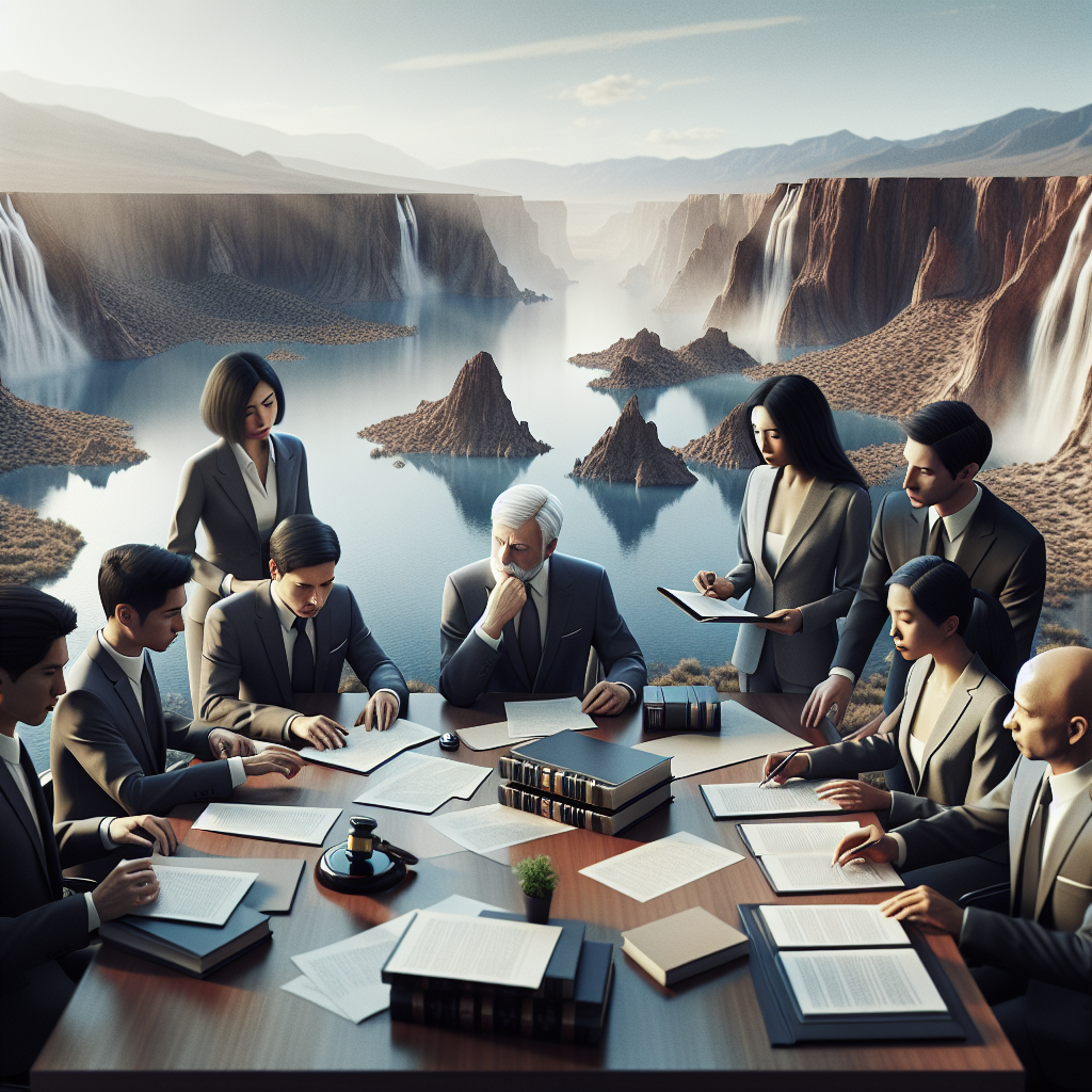 A high-quality, photorealistic image showing a group of lawyers specializing in ALS related cases in Nevada. They are gathered around a table, examining various papers and discussing a case. In the background, there is a stunning view of a natural water formation - perhaps a large lake or a river. The scene is filled with natural lighting, creating soft shadows that add depth to the image. Each lawyer is of a distinct descent and gender. A few examples include a Middle-Eastern female lawyer, a Hispanic male lawyer, a South Asian female lawyer and a Black male lawyer.
