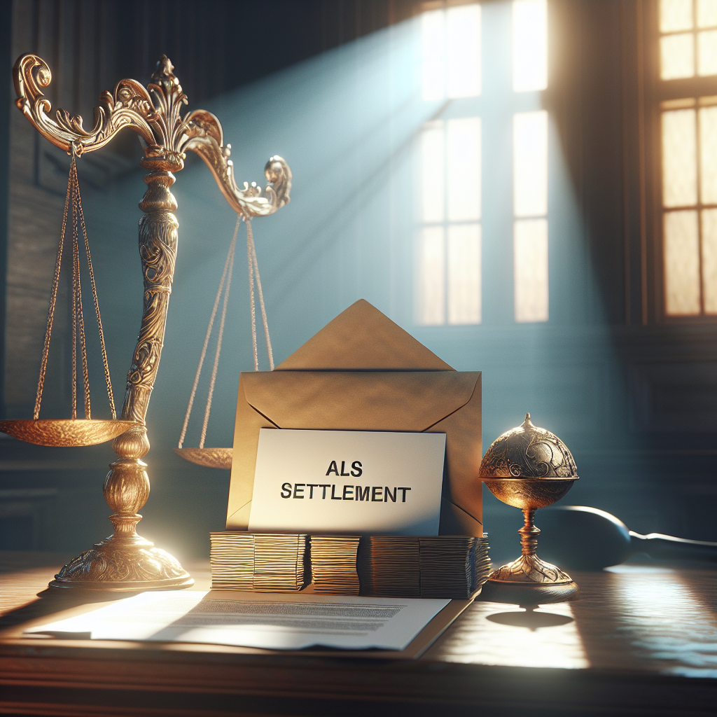 Create a high-quality, photorealistic image that portrays a scene related to ALS settlement money. Include symbolic elements such as a large, beautifully ornate scale of justice indicating fairness, and a peaceful setting with soft sunlight falling across an envelope labeled 'Settlement', symbolizing the money reaching families. Cast this scene with a feeling of peaceful resolution and a sense of hope