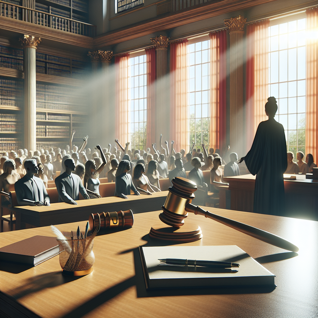 Generate a photorealistic image that portrays a setting symbolizing an environmental legal breakthrough in the context of ALS cases. Include a vibrant courtroom with sunlight streaming from large windows illuminating documents and a gavel on a wooden judge's table. In the background, a triumphant public figure looks over a crowd that embodies an equal mix of genders and descents including Caucasian, Hispanic, Black, Middle-Eastern, and South Asian. Use soft shadows that enhance the image's realism.