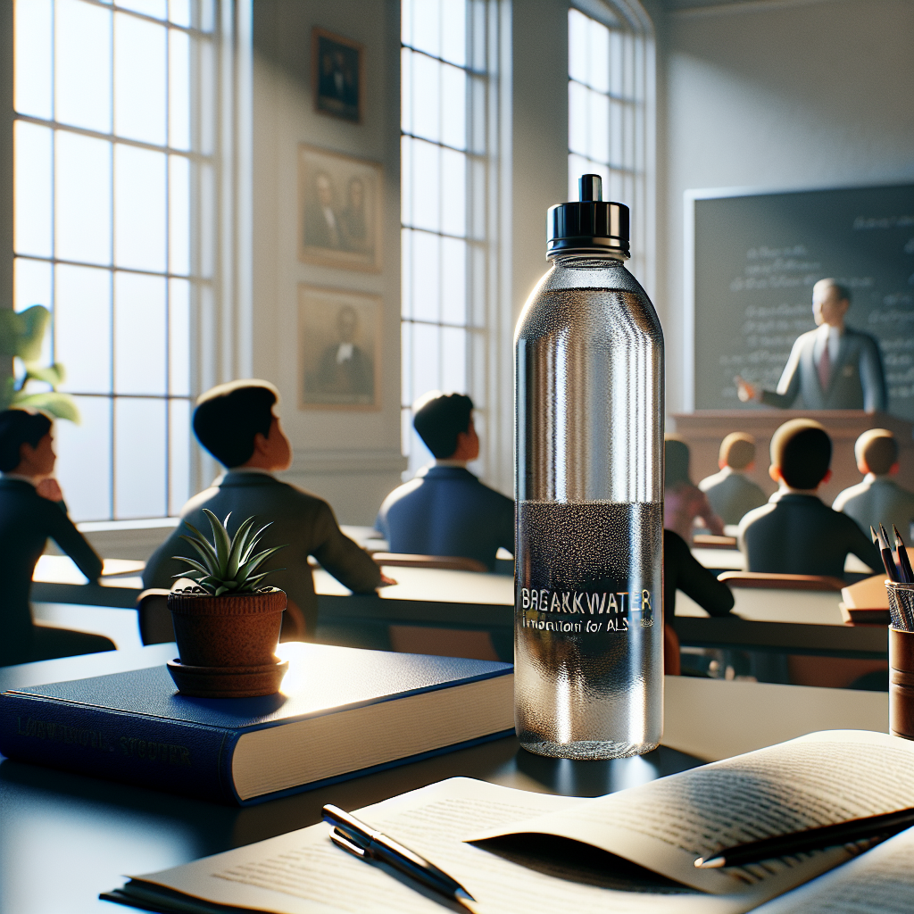 Create a high-quality, photorealistic image of a Law School classroom. The scene should have a visible water bottle that's marked as a breakthrough invention for ALS (Amyotrophic Lateral Sclerosis) on the professor's desk. Students should be engaged in a lesson - their intense concentration signifies that this lesson is a 'must-have'. Use natural lighting streaming through the windows to illuminate the water bottle and cast soft shadows across the room, lending an air of calm, studious ambiance.