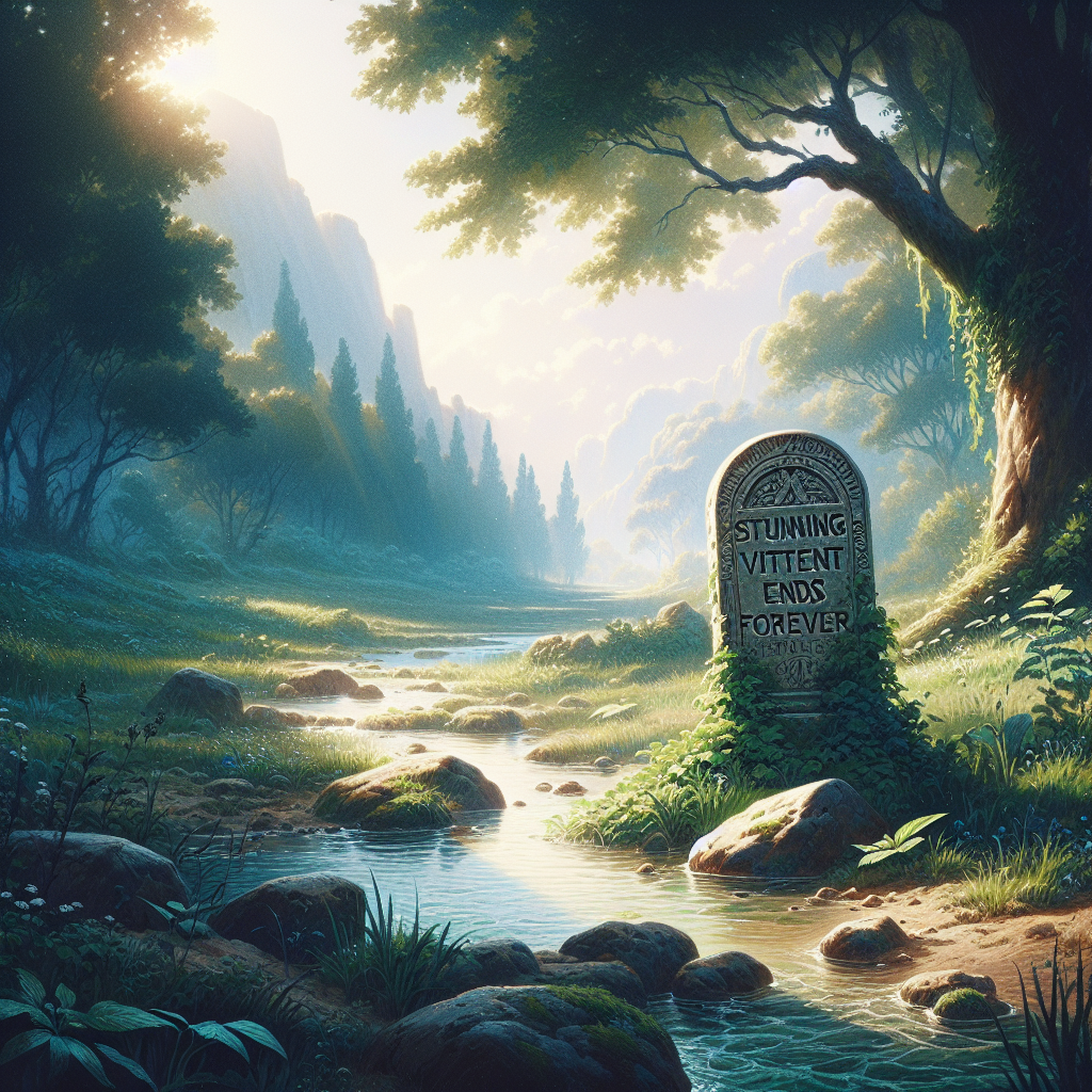 Illustrate a concept of 'Real Water Forgotten'. Imagine a scene where a water source, like a river or spring, that was once vibrant, is now deserted and forgotten. The surrounding environment is lush and green, indicating previous abundance but now lacks the vibrancy it once had. In the foreground, there's a stone tablet standing upright, looking weathered and ancient. The tablet has a carved verdict written on it stating 'Stunning Verdict Ends Forever.' Natural lighting bathes the scene, casting soft shadows across the lonesome landscape. The overall atmosphere is serene yet melancholic.