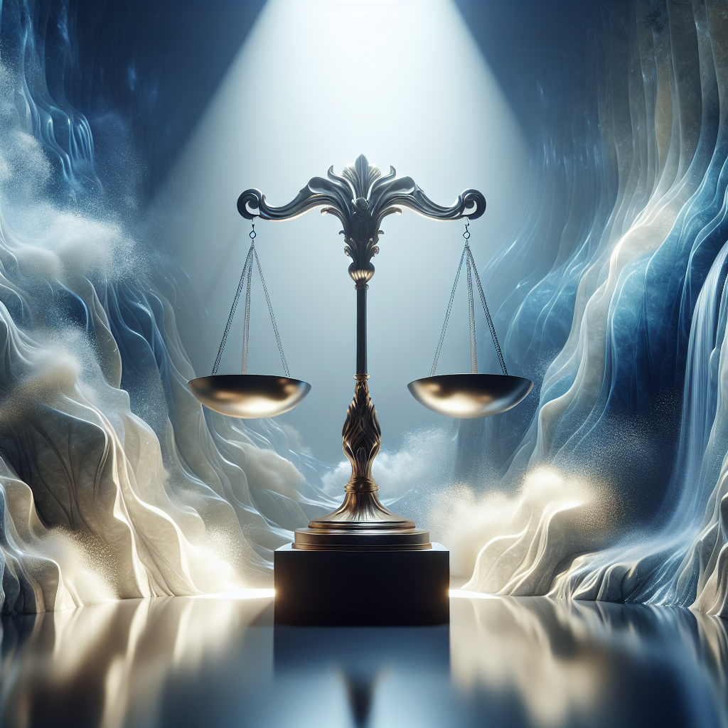 A stunning depiction of a symbolic legal triumph where scales of justice stand prominently in the foreground. The sculpture of the scales, made of shiny marble, is positioned with its reflective material catching natural light. The backdrop features an ethereal waterfall, representing 'real water', making the scene feel alive and active. Elements are rendered with near photorealism, creating soft shadows under the glow of the daylight.