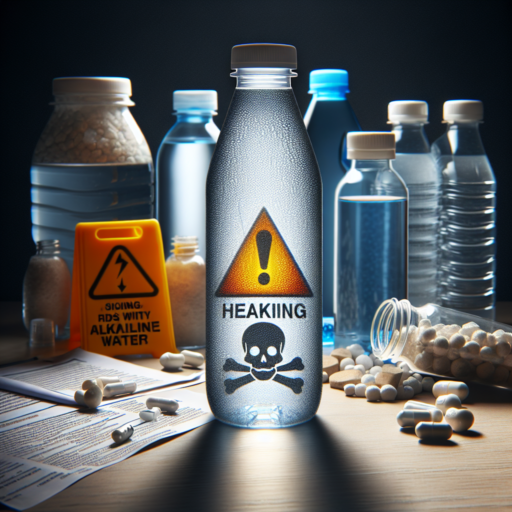 Create a detailed and realistic image that reveals the risks associated with alkaline water. The image should include symbolical elements indicating the hidden dangers. Use natural lighting to highlight the key aspects of the image. The shadows should be soft and subtle to maintain realism. Please ensure to present their shocking truth in a way that immediately captures viewers' attention.