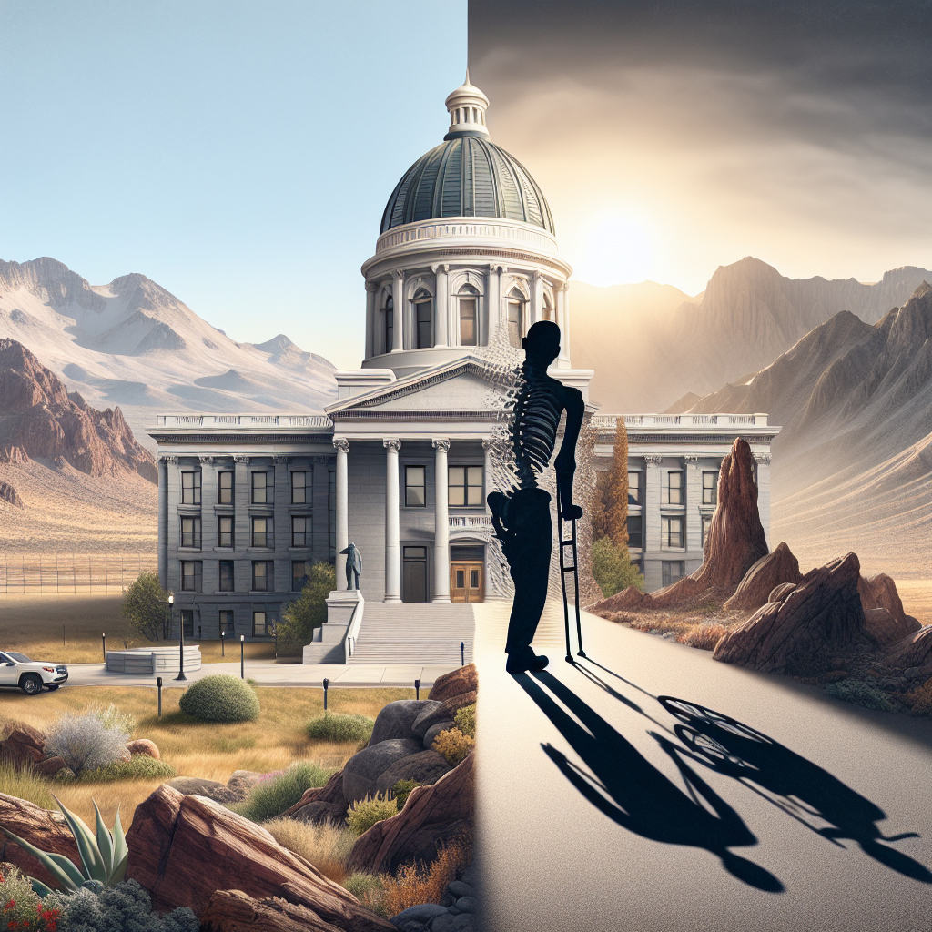 A  picturesque scene representing the change in the Nevada Court system symbolized through visual metaphors. To the left, an imposing, finely detailed courthouse standing under the bright, Nevada sun, with rugged mountains in the background. On the right, the silhouette of a person, enduring the challenge of ALS, as indicated by a crutch or wheelchair. Their shadow stretches across the landscape, hinting at their incredible bravery and strength. The scene is filled with natural lighting and soft shadows, all conveying a stunning revelation of ALS impact on the court changes.