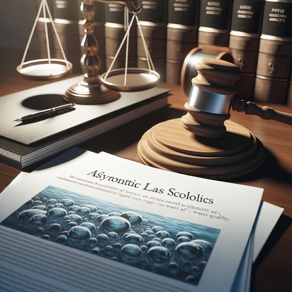 A high-quality, photorealistic image illustrating the concept of future legal actions related to ALS (Amyotrophic Lateral Sclerosis). The image prominently features a wooden gavel on top of a professional desk covered with legal documents, including illustrative reports on water quality. The lighting in the scene is natural, casting soft shadows across the desk and objects. The image is meant to convey a somber, serious mood, reflective of the gravity of the impact of water quality on public health.