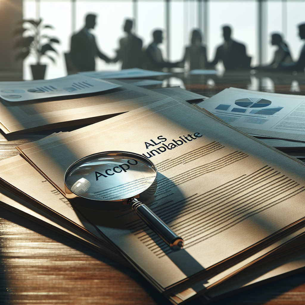 A well-lit, photorealistic scene portraying the concept of corporate accountability in the context of ALS (Amyotrophic Lateral Sclerosis). The image showcases an office environment with several documents strewn across a wooden desk, one of which bears the title 'ALS Accountability'. Soft shadows fall on the desk, hinting at the seriousness of the situation. There is a magnifying glass hovering over the paper, symbolizing the uncovering of truth. In the background, there are blurred images of businesspeople engaging in discussions, embodying the ongoing discourse around the issue.
