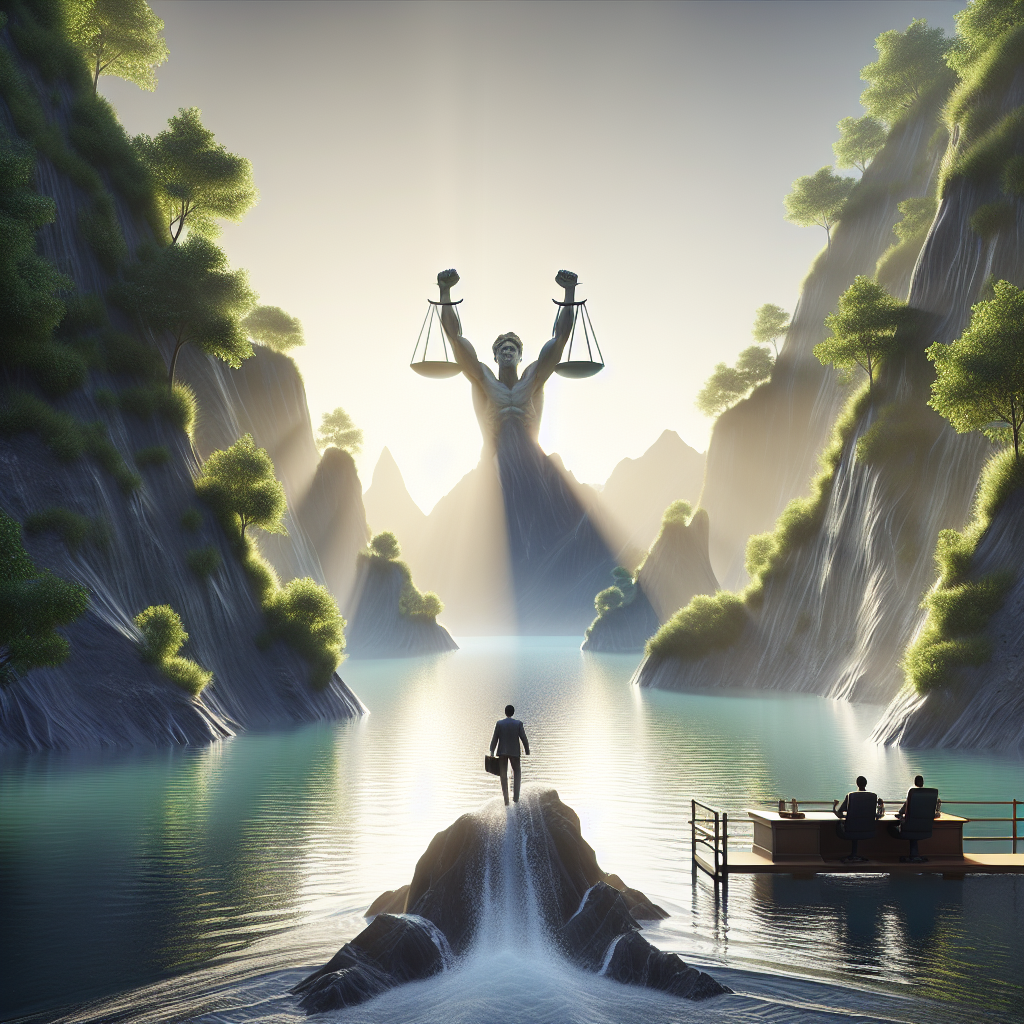 Visualize a high-quality, photorealistic image showing a metaphorical journey on water. This journey is a representation of overcoming a massive challenge, symbolized by stunning victory following a lawsuit. The setting involves natural lighting and soft shadows, providing a serene and victorious atmosphere.