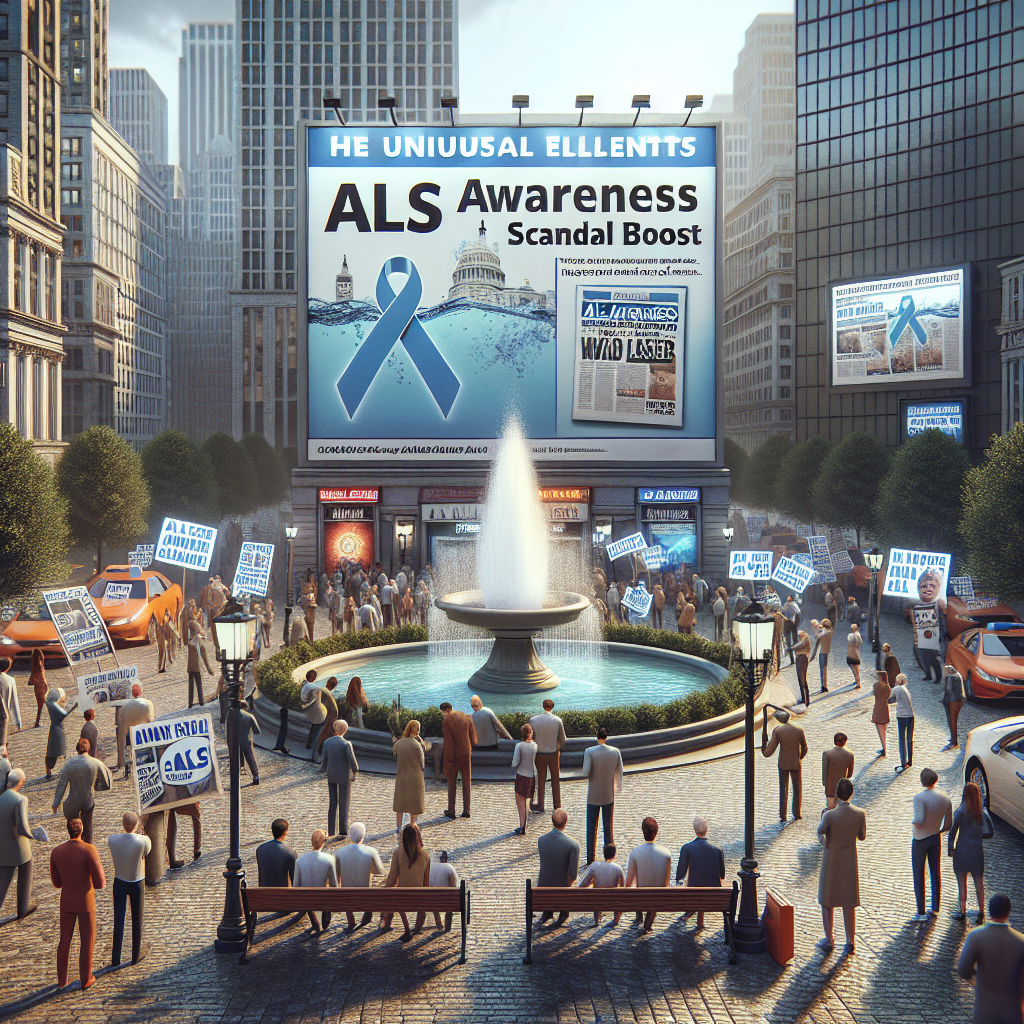 Create a high-quality, photorealistic image illustrating an ALS Awareness rise. Depict a scene showing various indications of this awareness increase, such as flyers, billboards or community gatherings. Also incorporate the unusual element of a real water scandal boost, visualized perhaps as a crowd around a water fountain in the city center with newspapers detailing the scandal, while city buildings are adorned with ALS awareness posters. Use natural lighting and soft shadows for a realistic look.