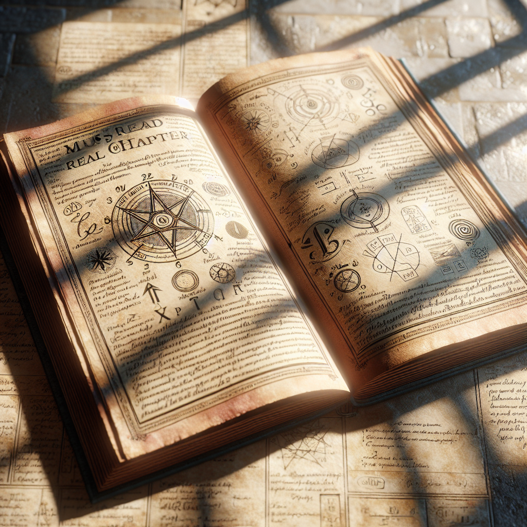 Create a photorealistic image illustrating a scene associated with the legal history of ALS. The scene should depict an open book titled 'Must-Read Real Water Chapter', bathed in natural light causing soft, subtle shadows. Show close-up details such as textures of the old, worn-out pages filled with intricate handwritten notes, symbols, and diagrams.