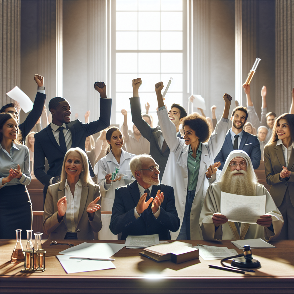 Imagine a scene where a diverse group of individuals are gathered. There is an African-American male lawyer in a suit, a Hispanic female scientist holding test tubes, a Middle-Eastern elderly man holding documents, and a Caucasian woman holding a placard. Everyone is in a courtroom, where soft natural light is coming in through a large window, casting soft shadows across the room. The room is full of joy and camaraderie, with everyone celebrating a great legal victory. The victory is related to ALS, which is visible in the form of documents and symbols related to the cause throughout the room.