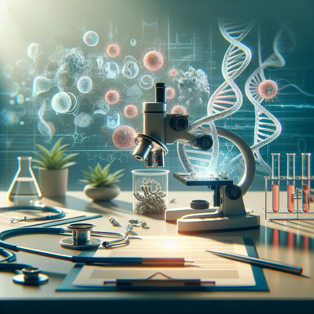 Generate a high-quality, photorealistic image showing a conceptual representation of future scientific breakthroughs in combating Amyotrophic Lateral Sclerosis (ALS). The image should reflect progressive medical research, with themes of hope and can include elements such as microscopes, DNA helixes, neurons, and medical paperwork. The scene should be illuminated by natural lighting, with soft shadows adding depth to the overall composition.