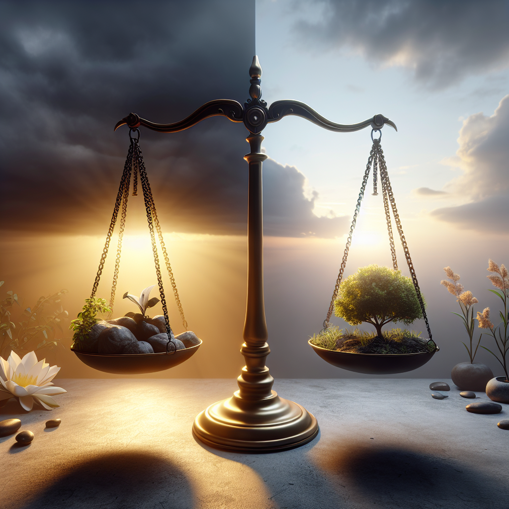 Create a symbolic, high-quality, photorealistic image that represents the major change experienced by individuals affected by ALS due to a significant lawsuit. The scene should depict a pair of scales tipping, symbolizing justice, with natural lighting and soft shadows. On one side of the scale, display a darker setting to represent struggle, and on the other side, a bright, hopeful side with elements like a freshly bloomed flower or a sunrise. No people or specific individuals should be included, keeping the focus on the concept of justice and change.