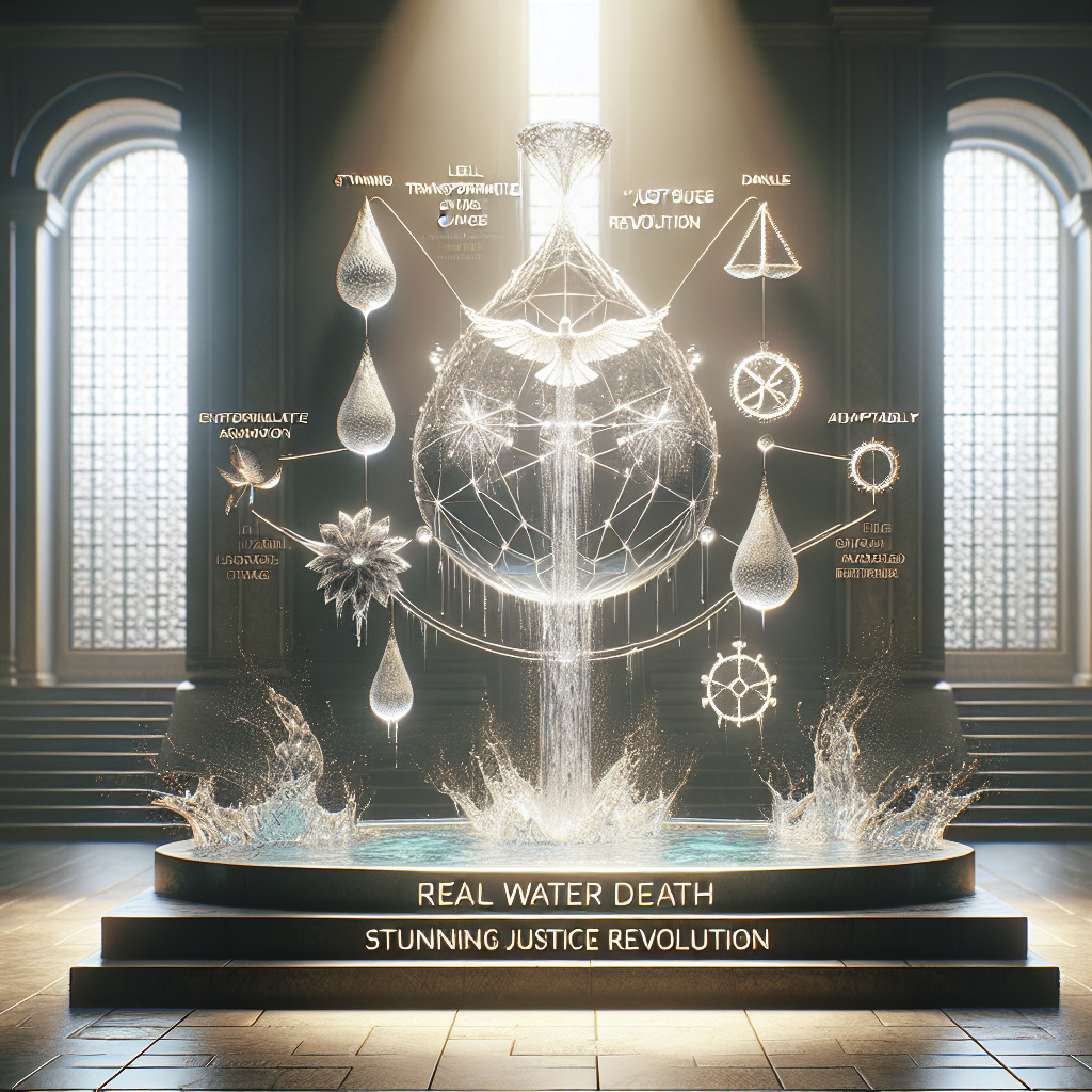 Generate a highly detailed, photorealistic image, showcasing a symbolic representation of a stunning transformative change, or a 'Justice Revolution'. This image should incorporate elements of water and related symbols, possibly representing ideas of cleansing, renewal or adaptability. The wording 'Real Water Death: Stunning ALS Justice Revolution' is displayed using elegant text. The setting is luminously lit with natural light, and soft shadows play upon the powerful visual symbols, enhancing the overall mood and depth of the image.