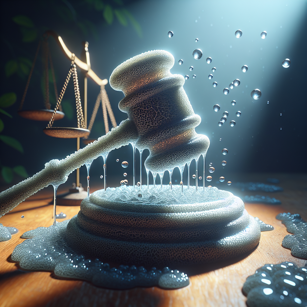 A striking scene that embodies the stunning impact brought about by legal changes pertaining to Amyotrophic Lateral Sclerosis (ALS). The image should feature a symbolic representation of the law, perhaps an stone-carved gavel or a stack of legal documents, surrounded by droplets of water, each droplet reflecting the lives of those who fell victim to contaminated water. The natural lighting should gracefully reveal minute details and cast soft shadows, contributing to the overall gravity of the scene.
