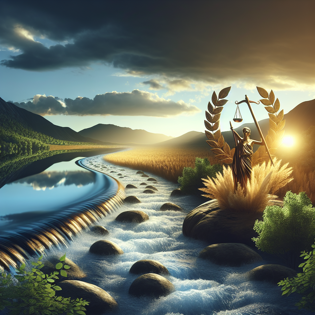 A conceptual visual representation of justice in the context of water rights. Imagine a strong, ecologically diverse river flowing freely, represented as a symbol of water justice achieved. Show a breaking dawn in the background, symbolizing a new era of water equity, with natural light casting soft shadows on the water and surrounding landscape. Incorporate symbols of victory like a laurel wreath or golden trophy subtly into the scene, perhaps as a water reflection, indicating the triumph in the struggle for water justice.