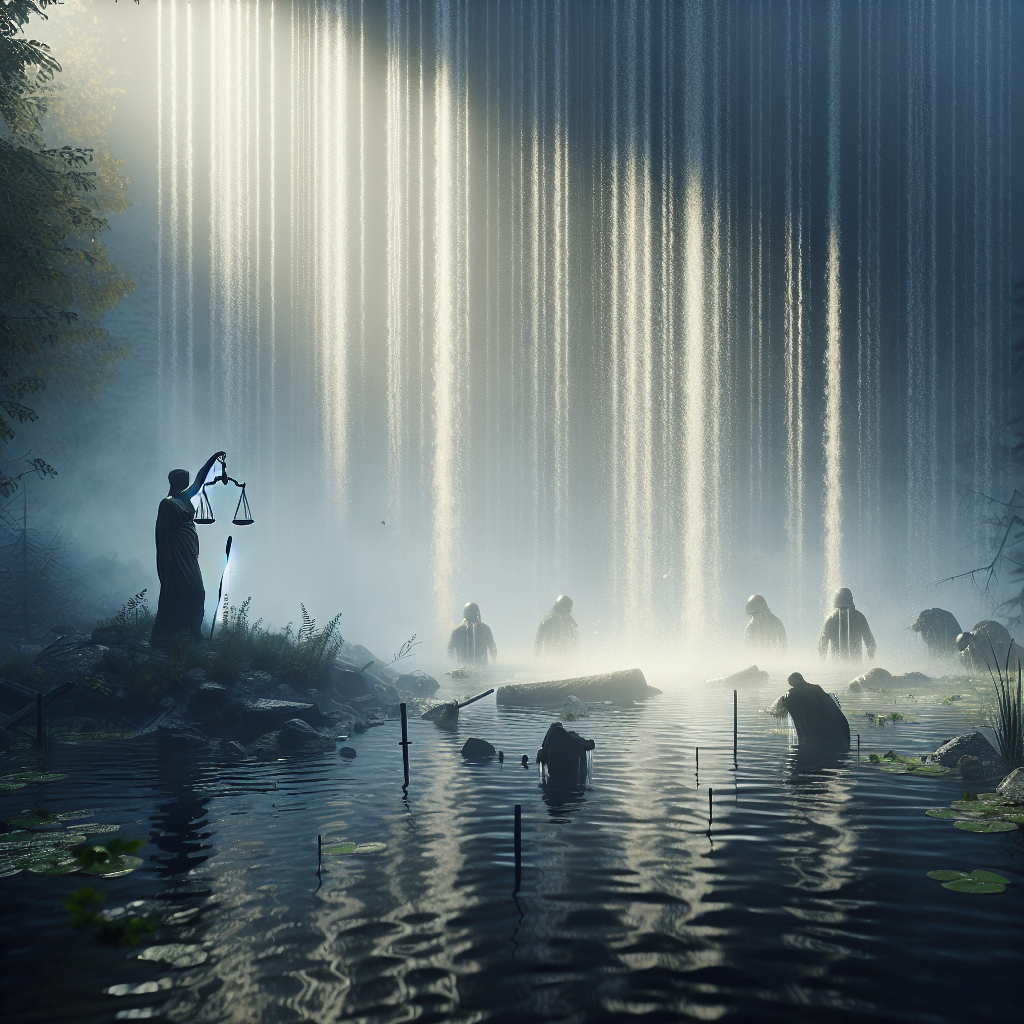 Generate a high-quality, photorealistic image that shows a scene of the aftermath of a significant event. Set in the 'ALS Toxic Era', it should depict a representation of justice in a watery landscape. Utilize natural lighting that cascades over the scene, casting gentle shadows. There should be palpable tension and a sense of resolution in the image.