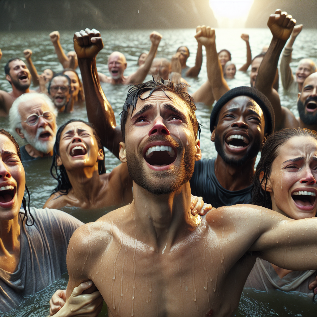 Create a photorealistic image depicting a scene of stunning triumph against all odds. Visualize a group of Caucasian, Black, Asian, and Hispanic people, of both genders, in the middle of a victory celebration. The context is water-related, perhaps they all are survivors of a water disaster who managed to turn their hardship into a spectacular win. There are tears of joy in their eyes and genuine smiles on their faces. Natural light and soft shadows set the tone of the image, hinting at the conclusion of a long, challenging day.