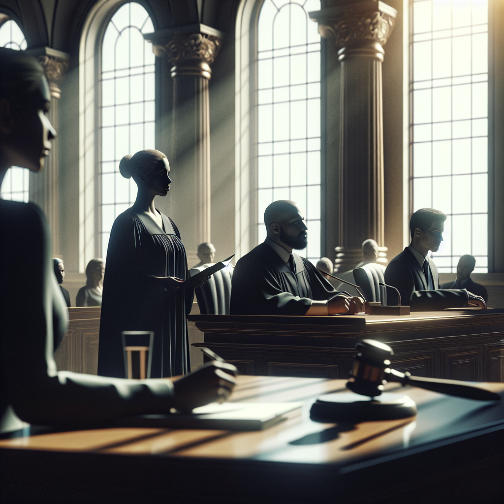 A gripping image of a law court setting where a landmark case is being tried. This case pertains to the ALS disease and is a must-see event described as the 'water trial'. Illustrate the seriousness of the situation, with a judge, a black woman, presiding over the hearing. The lawyers, a Hispanic man for the prosecution and a Caucasian woman for the defense, are engrossed in the proceedings. Soft shadows cast by natural light streaming through grand windows enhances the gravity of the setting.