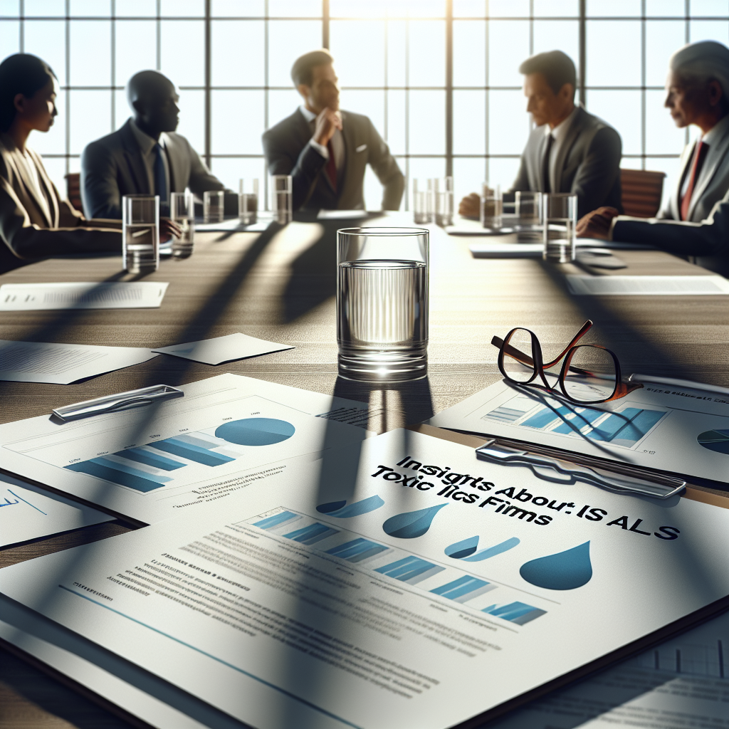 A high-quality, photorealistic image showing a table with documents scattered around, depicting insights about ALS toxic firms under natural lighting and soft shadows. A glass of water stands prominent among the papers, symbolizing the importance of clean water. Some leaders in the field of water management, comprising of a diverse group of individuals including a Caucasian female, an African male, a South Asian male and a Hispanic female, are dressed in formal business attire, engaging in intense discussion.