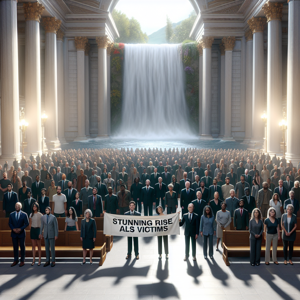 Create a photorealistic image with natural lighting and soft shadows that represents a symbolic scenario: A group of diverse people from various descents such as Caucasian, Hispanic, and Black, of different genders, standing in a court setting. Collectively, they are holding a banner with the text 'Stunning Rise of ALS Victims'. In the background, a magnificent real waterfall cascades, symbolising the unstoppable flow of these brave ALS fighters. The whole scene should convey a sense of solidarity and resilience.