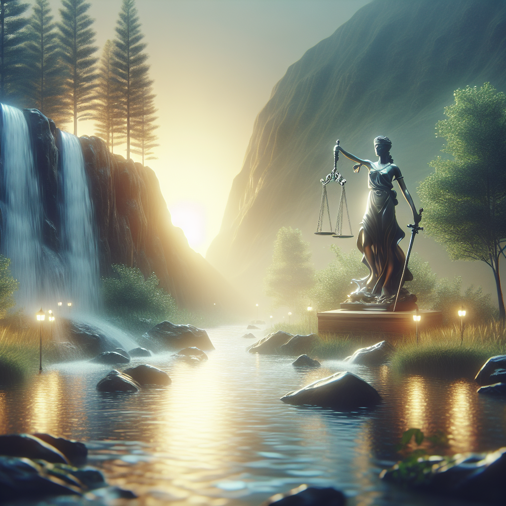 Generate a high-quality, photorealistic image accentuated by natural lighting and soft shadows portraying a scene that symbolizes justice being achieved. This scene should include a fresh, beautiful water source associated with the vitality of life, perhaps a flowing river or sparkling fountain, as the main element.