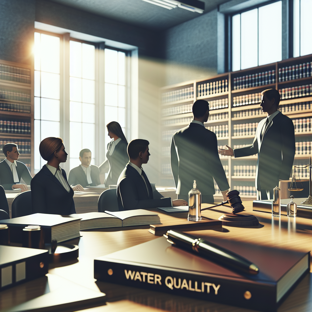 Illustrate a high-quality, photorealistic depiction of a courtroom scene with intense atmosphere. Key elements include professional lawyers discussing a case, vaguely labeled files relating to 'Water Quality', soft shadows, and the use of natural lighting through windows. Make sure to capture the seriousness of a class action lawsuit in the image.