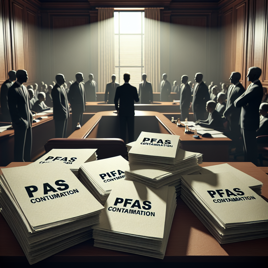 A photorealistic image depicting a dramatic courtroom scene. It should represent a tense lawsuit situation related to water contamination. On one side, there are lawyers with stacks of papers that have the words 'PFAS contamination' printed on them. Everyone is under natural lighting and soft shadows, adding a serious atmosphere to the scene. The logo of a well-known water brand is subtly displayed, hinting at the controversial subject without snaming any real brand.
