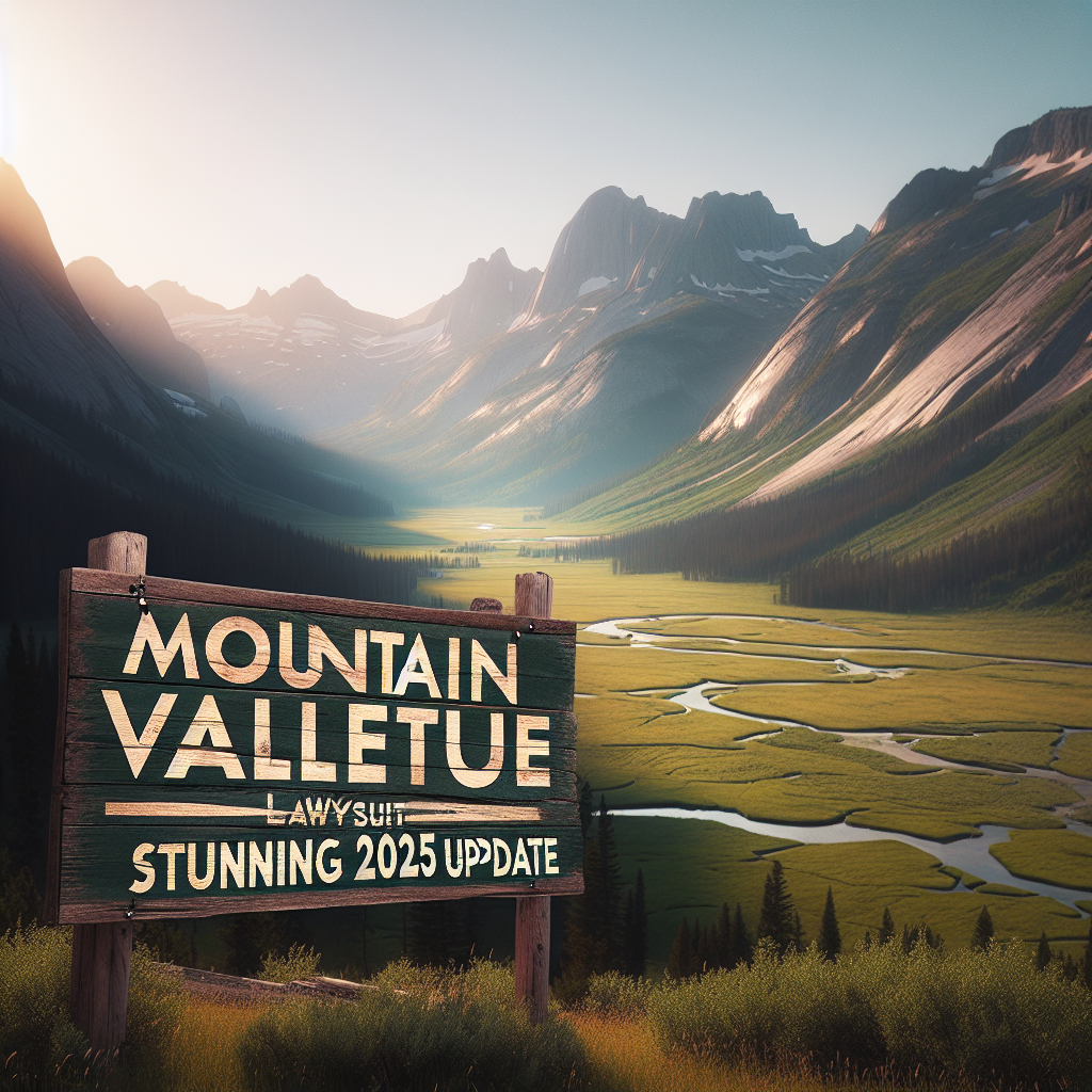 Capture a picturesque mountain valley scene bathed in the soft, natural light of the setting sun. The vast landscape features towering mountains, a winding river, and vast green fields with a diversity of wildlife. In the foreground, an old yet sturdy wooden sign reads 'Mountain Valley Lawsuit: Stunning 2025 Update'. The words are worn, showing the passage of time, yet the message remains clear, standing out against the tranquil backdrop of the valley.