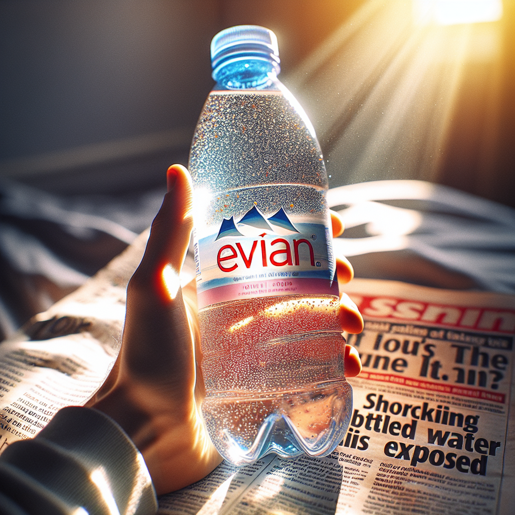 A vivid and highly detailed image of a bottle of Evian water held up against the light. The sunlight filters through the clear container, illuminating tiny particles suspended in the liquid - an indication of microplastics. The atmosphere around is filled with surprise and shock. A newspaper is laid flat in the background with the bold headline: 'Shocking Bottled Water Claims Exposed'. Soft shadows are created from the natural lighting. The scene is captured with high photorealism, embodying the surprising revelation about water quality.