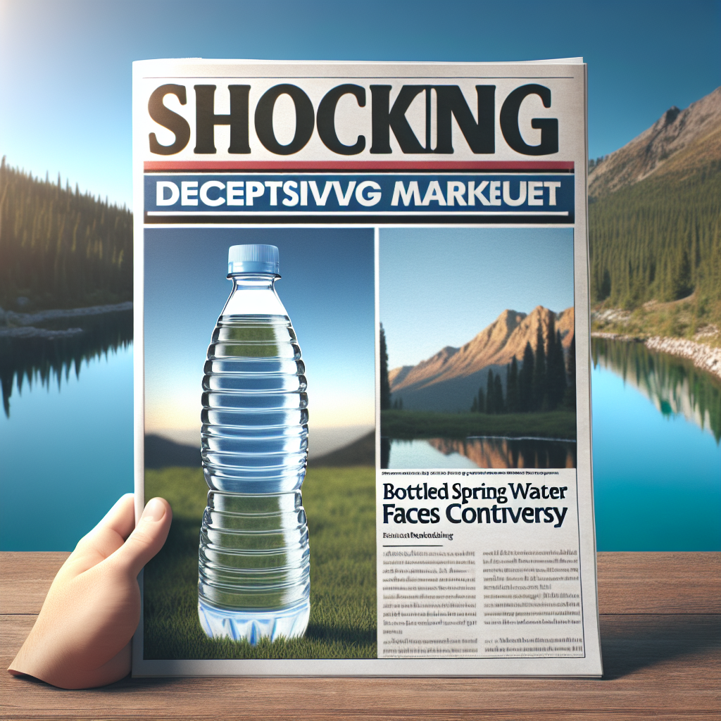 Generate a high-quality, photorealistic image, focusing on natural lighting and soft shadows. Conceptualize a hard-copy of a fictional news article with the headline: 'Shocking Deceptive Marketing Lawsuit: Bottled Spring Water Brand Faces Controversy'. The front page image should depict a half-filled bottle of spring water with a pristine mountain landscape visible in the background.