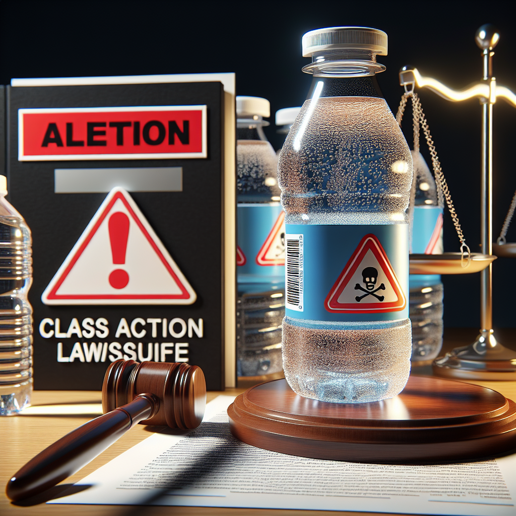 Visual representation of a shocking message alert for a class action lawsuit associated with a contamination issue related to a bottled water company. The image should be of high-quality and photorealistic, with elements such as a gavel, legal documents, and a bottled water with a crystal clear label, pervaded by a red danger sign. All these elements are set in natural light casting soft shadows. The alert message should be prominent.
