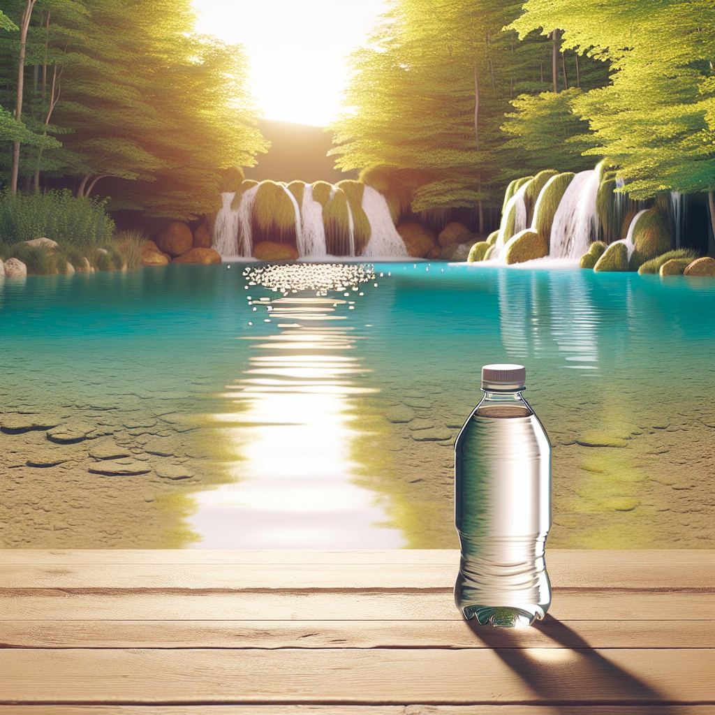 A conceptual scene to represent a scandal relating to a bottled water company not being true to its claims. The image includes a glossy water bottle with a simplistic, non-branded logo, situated against a deceptive backdrop of a pristine and idyllic natural spring, with photoshopped elements suggesting an unnatural perfection. The scene is awash with the soft, warm glow of natural light and delicate shadows cast by trees nearby.
