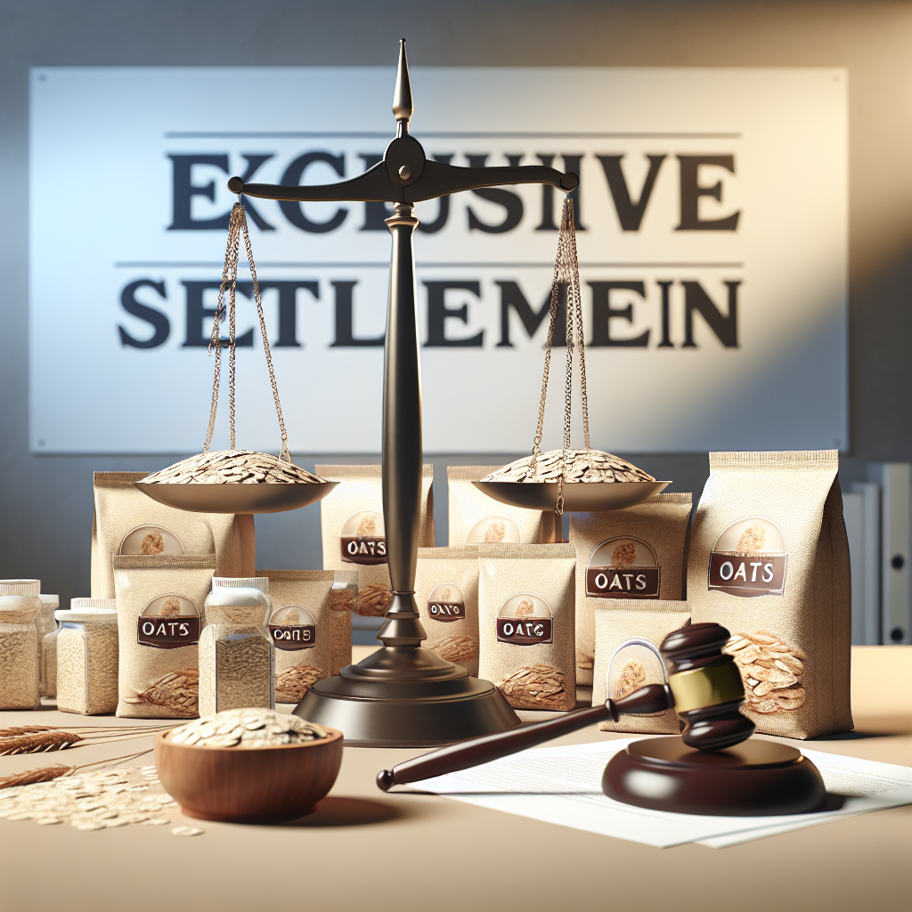 A scene that represents justice and fairness revolving around a food-related lawsuit. Display a balanced scale, a gavel, and several packets of a non-specific brand of oats, under natural lighting with soft shadows. The background features a large banner with the words 'Exclusive Settlement Wins'. The overall tone of the image suggests a victorious resolution of the case.