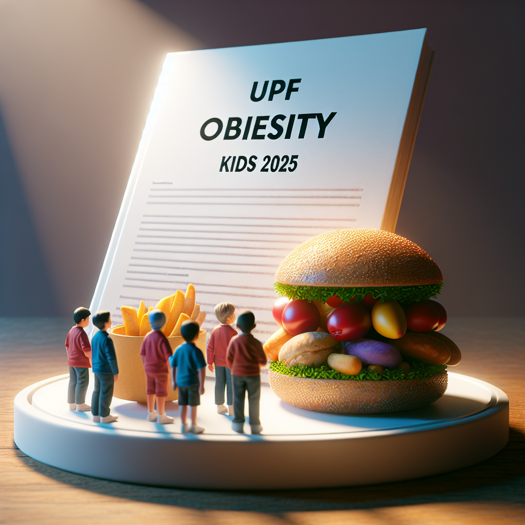 Create a compelling, photorealistic image that symbolizes the concept of a major lawsuit from 2025 that significantly impacted the food industry. The image should have elements representing children facing the issue of obesity, perhaps showing a significant document or report labeled 'UPF Obesity Kids 2025' prominently in the frame, symbolizing this momentous event. The artwork should focus on natural lighting and soft shadows to add depth and realism. Please exclude any specific people or recognizable brands in the industry from the image.