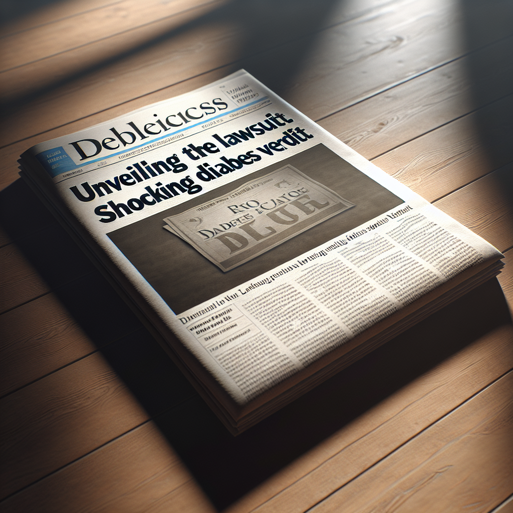A photorealistic image depicting a newspaper headline about a shocking diabetes lawsuit verdict. The newspaper is laid out on a wooden table, illuminated by soft, natural light that casts gentle shadows. The headline reads: 'Unveiling the Lawsuit: Shocking Diabetes Verdict'. No specific person is represented or mentioned in the image.
