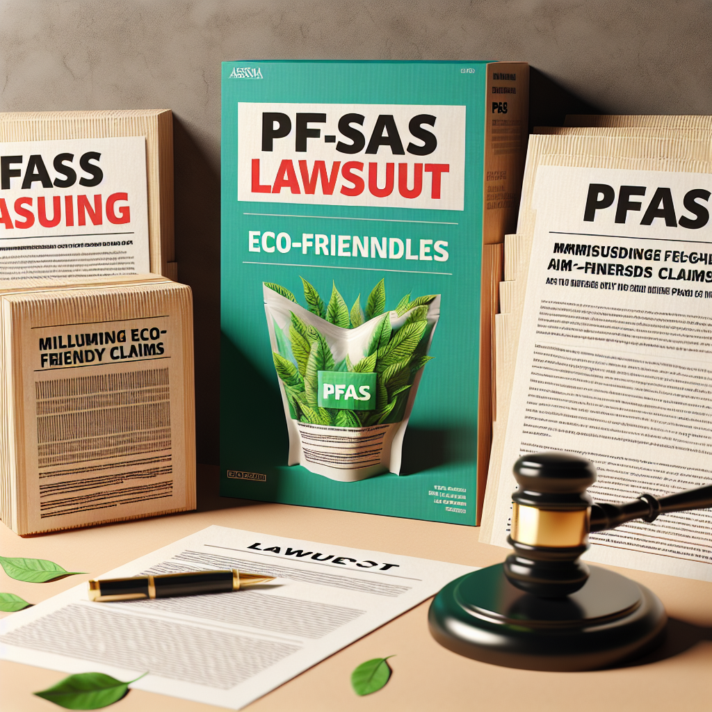 Generate a high-quality, photorealistic image illustrating the concept of a legal lawsuit involving PFAS packaging, featuring banners with attention grabbing headlines about misleading eco-friendly claims. The image should prominently feature court documents, legal gavel, and a package falsely labeled as green. Use natural lighting and soft shadows in the creation of the image.