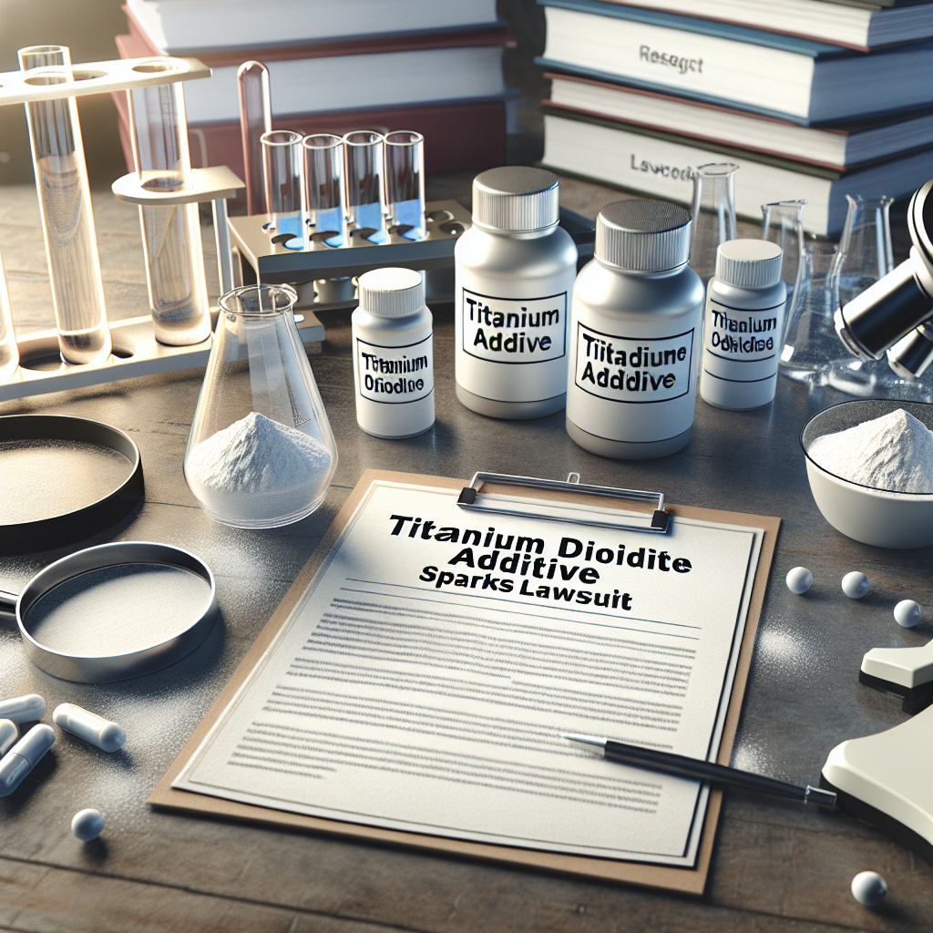 Display a scene that interprets 'Titanium Dioxide Additive: Shocking Risk Sparks Lawsuit'. The image should show a photorealistic white powder labeled as 'Titanium Dioxide Additive' on a laboratory table with various scientific equipment scattered about such as microscopes, and test tubes, implying research. Include some legal documents spread on the table suggesting a lawsuit with the usage of natural lighting and soft shadows to enhance the details.