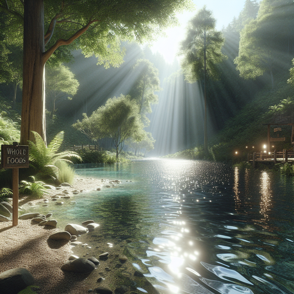 Render a photorealistic image depicting a tranquil, natural setting where 'real water' from a fresh spring meets the edge of a lush forest. The image is focused on the shimmering water, reflecting gentle beams of sunlight from a clear sky above. Soft shadows from the tree canopy provide contrast, and a sense of calm prevails. Nearby, a wooden sign reads 'Whole Foods' in a rustic, elegant style. In the distance, there's a surprising burst of light, suggesting a remarkable discovery or settlement to be explored.