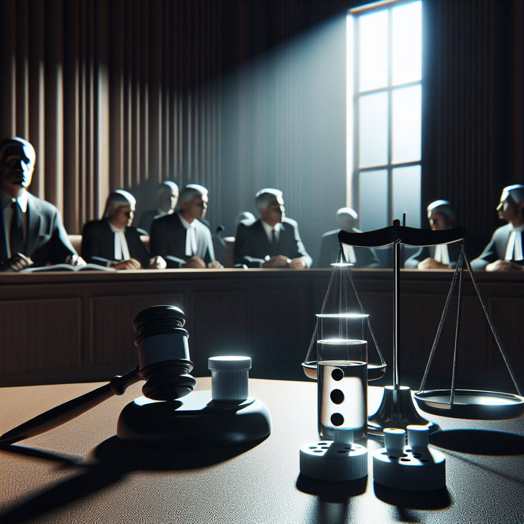 A dramatic scene in a courtroom featuring the topic of a lawsuit related to water testing defects. There's a tension in the room. Focus on the judge, lawyers and the evidence on trial, which are water testing devices. The courtroom is filled with observers, curious and apprehensive. The spotlight is subtly highlighting the water testing equipment, casting soft shadows around. The atmosphere is serious, a visual representation of the gravity of the situation.