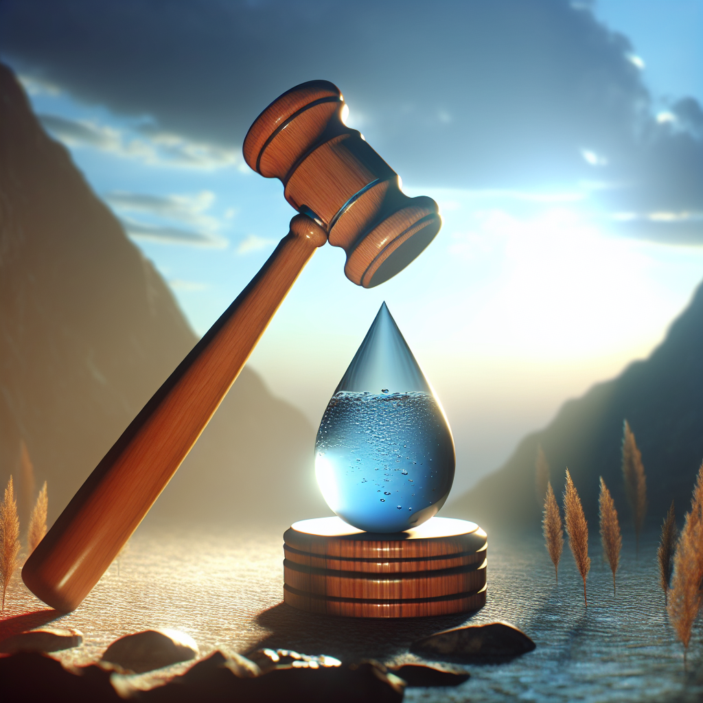 Create an image depicting a dramatic, abstract concept of a lawsuit impacting a company that manufactures water testing instruments, symbolically represented by a hammer striking a water droplet. The environment should have natural lighting and soft shadows to create a sense of realism and urgency.