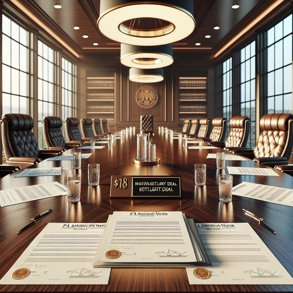 Create a photorealistic image that depicts a lavish corporate boardroom. There's a large wooden table, polished to perfection, surrounded by luxurious high-back leather chairs. Numerous official documents are scattered on the table, some of them stating 'Water Settlement Deal'. In the middle, there is a plaque that reads '$18M'. The room is lit by natural light filtering in through large windows, casting soft shadows. The view outside the window shows the logo of 'PA American Water'.
