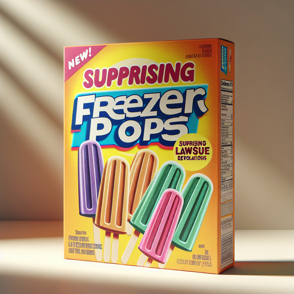 Create a photorealistic image showing a box of generic freezer pops under natural lighting casting soft shadows. The box has a big headline text that reads 'Surprising Lawsuit Revelations' in a striking font. The freezer pops themselves come in a range of cheerful colors, making the box visually appealing.