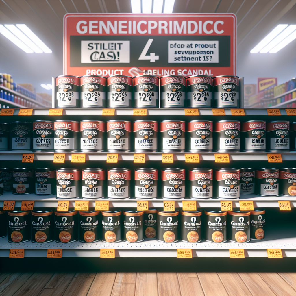Generate a photorealistic image representing a generic product labeling scandal. Illustrate a scene in a generic discount store lit by natural lighting with soft shadows. The main focus is on a shelf displaying several cans of coffee with controversial labels, which are at the centre of a scandal. The labels have question marks and contradictory statements, denoting the issue at hand. Surrounding the shelf, there can be signs indicating discounts and notices of a product settlement case, all of them anonymous.