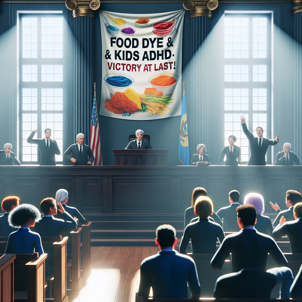 A high-quality, photorealistic image of a courtroom scene that is backlit with natural sunlight, casting soft shadows around. This scene depicts the winning moment of a notable legal case from the future, specifically the year 2025. The case pertains to food dyes and their potential link to ADHD in children. The main figures involved, including a male lawyer of Hispanic descent and a female lawyer of Middle-Eastern descent, are expressing joy over their victory. A banner draped in the background symbolically reads 'Food Dye & Kids ADHD: Victory at Last!'.
